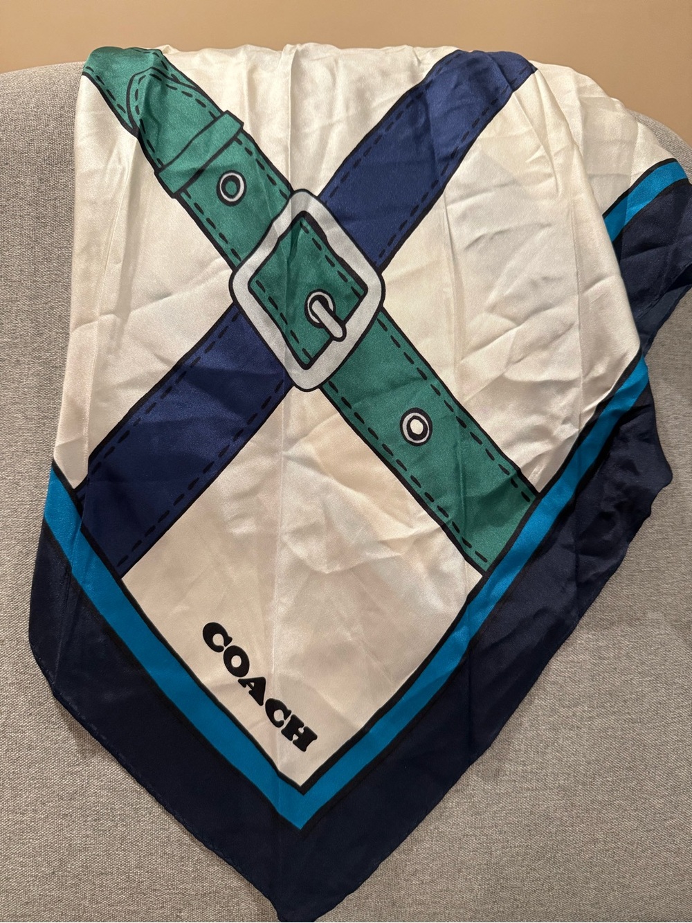 Coach Silk Scarf w/Blue, Green, off White Buckle Design